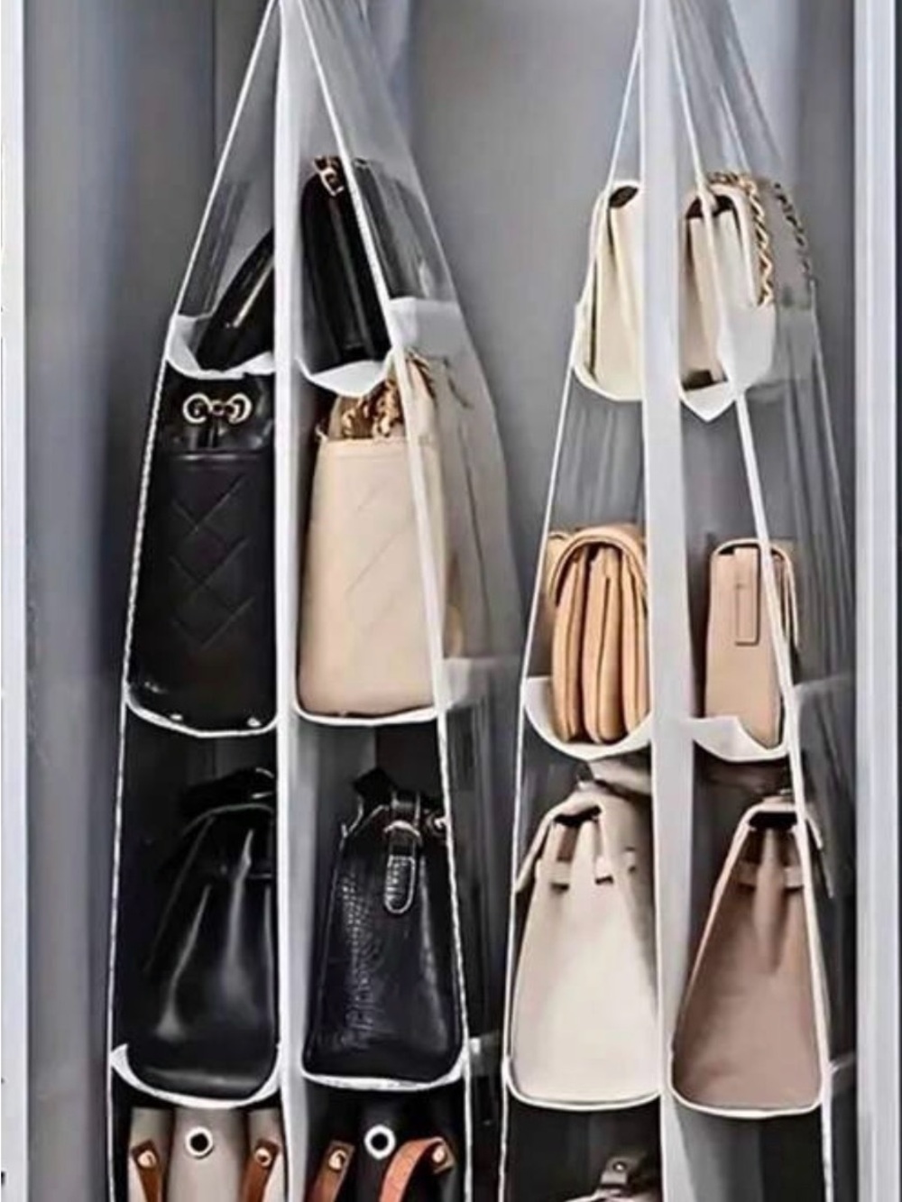 Clear Hanging Purse Organizer with White Trim - Handbag Storage